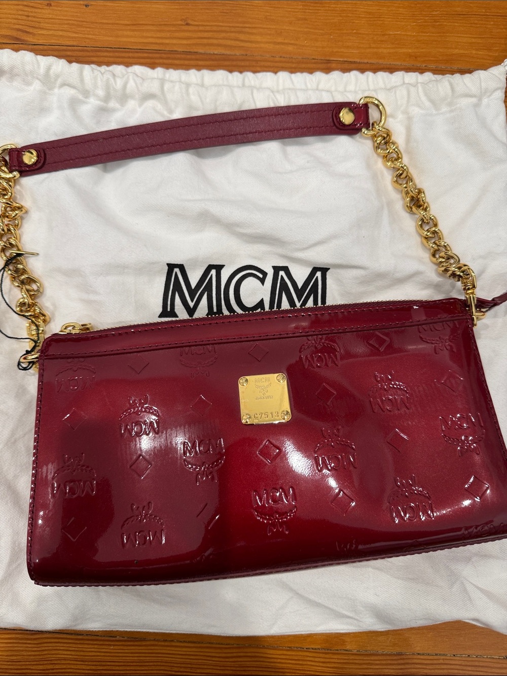 MCM Burgundy Patent Leather Chain Shoulder Bag with Gold Hardware